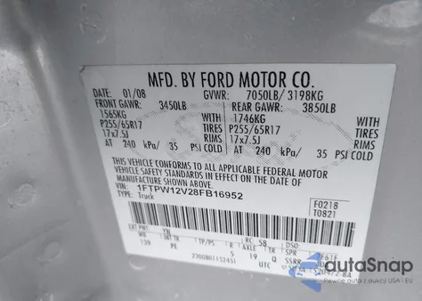 2008 Ford F-150 60Th Anniversary/Fx2/King Ranch/Lariat/Xlt from USA, damaged, VIN 1FTPW12V28FB16952